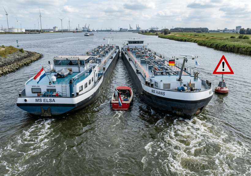 Small red boat passing between two large tankers named MS Elsa and MS Hans on a river