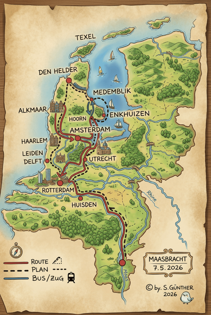 Illustrated map of a travel route through several cities in the Netherlands including Amsterdam, Rotterdam, Utrecht, with route, plan, and bus/train markers